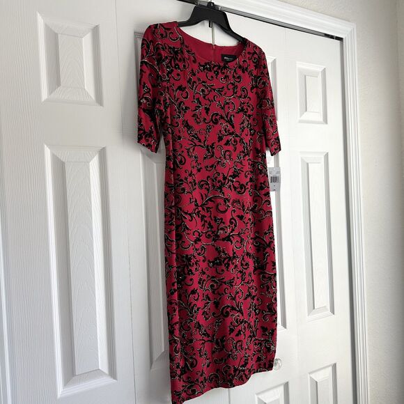 RN Studio Dress Size 6 Red Black Scroll Print Sheath Short Sleeve Holiday Party - Picture 2 of 11